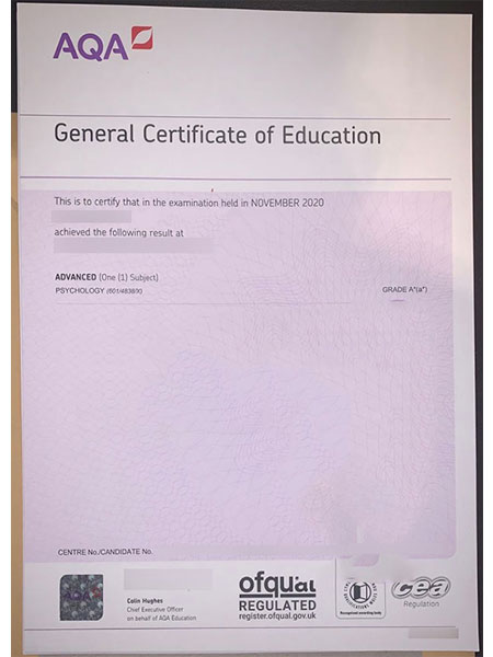 AQA Institution GCE Certificate Sample