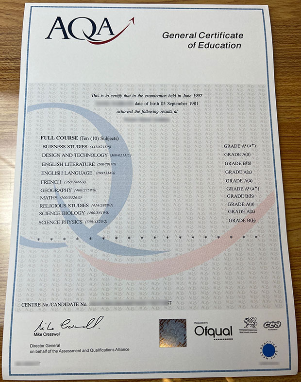 AQA GCE Certificate sample