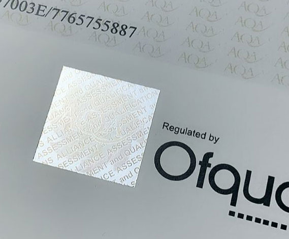 AQA Institution GCE Certificate Hologram
