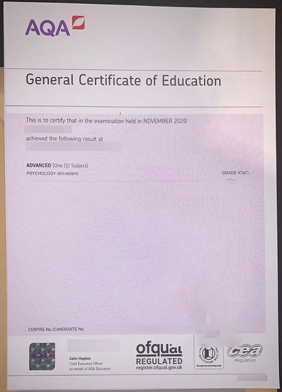 AQA Institution GCE Certificate Sample