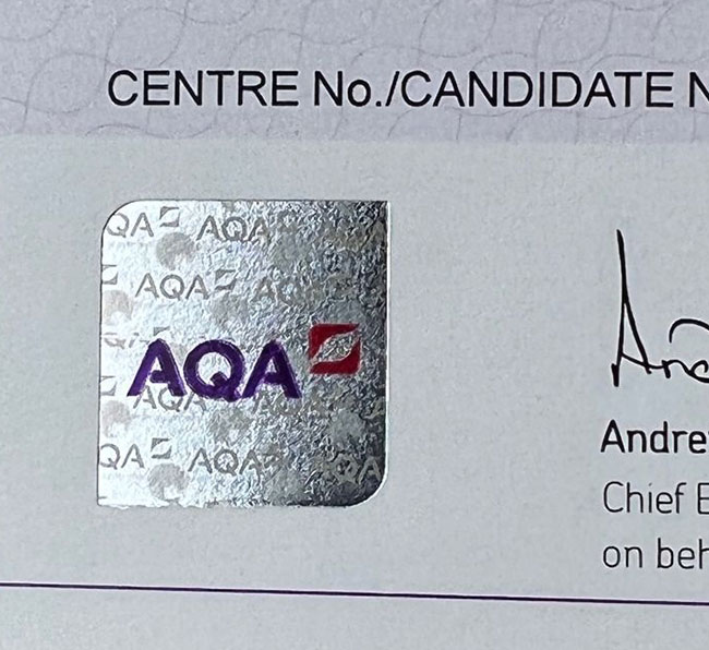 AQA Institution GCSE Certificates Hologram