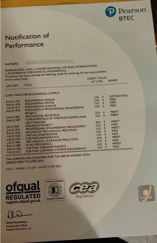 Sample of Pearson BTEC Examination Transcript