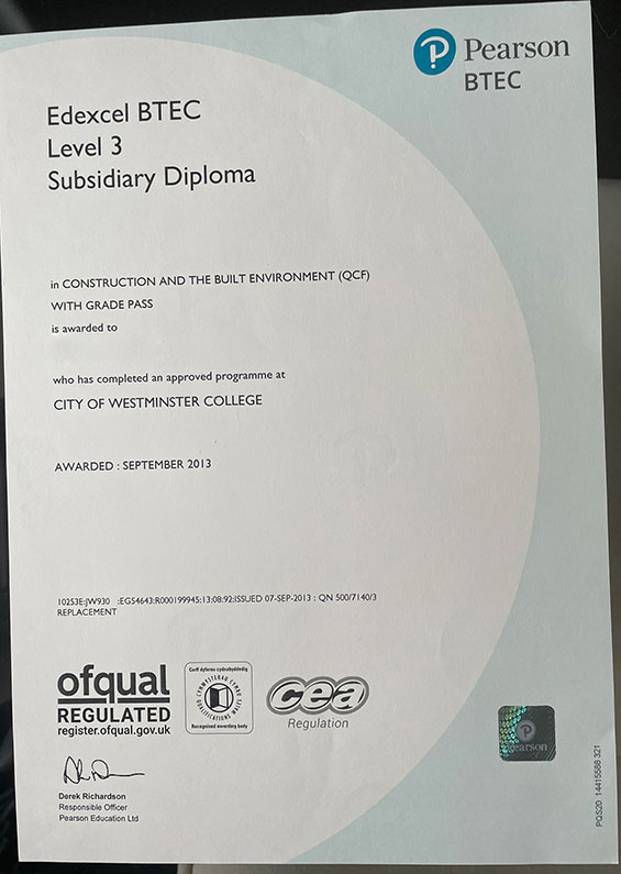 Sample of Pearson BTEC Level 3 Certificate for 2013