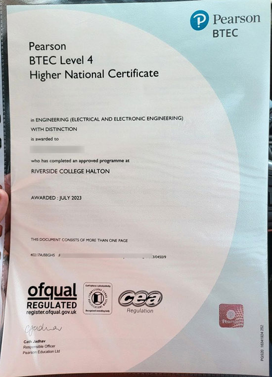 Sample of Pearson BTEC Level 4 Certificate for 2023