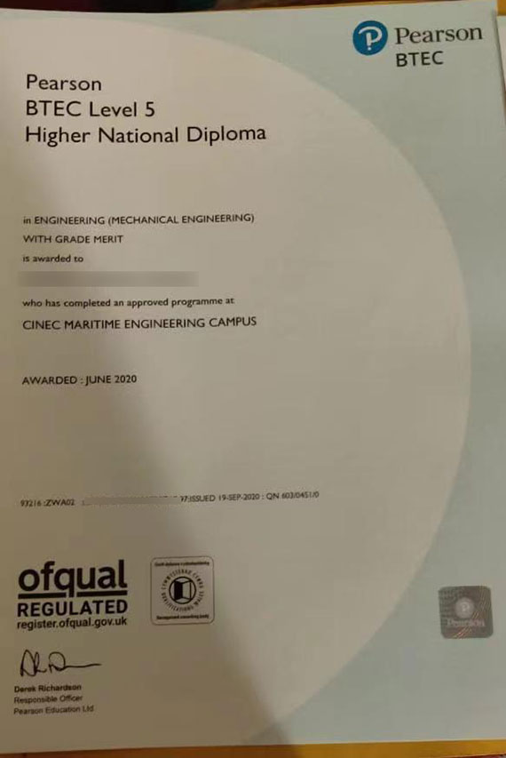 Sample of Pearson BTEC Level 5 Certificate for 2020