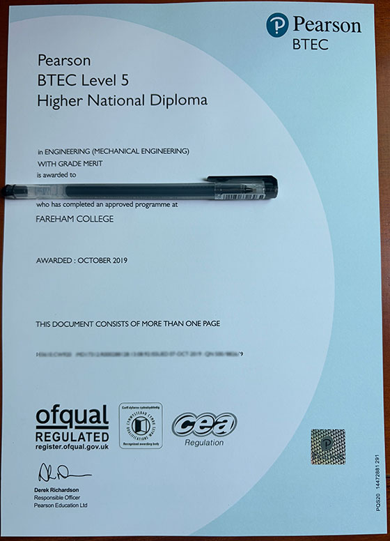 Samples of Pearson BTEC Level 5 Certificate for 2019