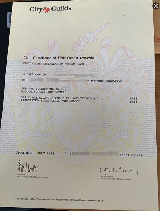 The old version sample of the city and guild certificate from 1998