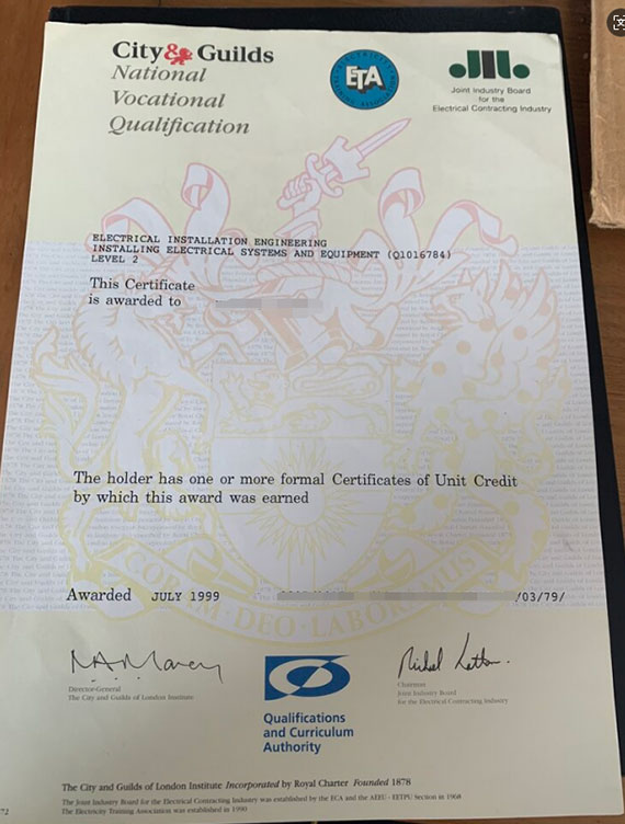 The old version sample of the city and guild certificate from 1999