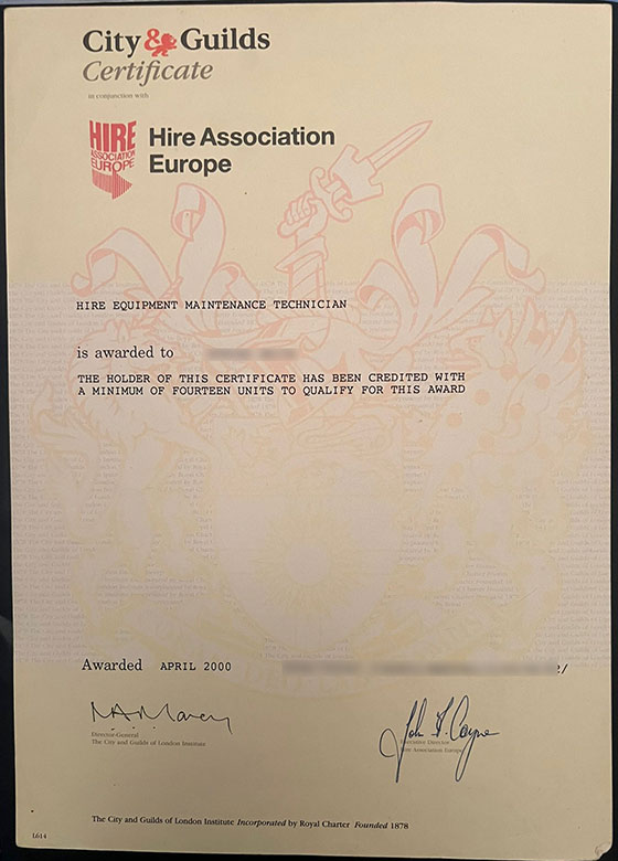 The old version sample of the city and guild certificate from 2000
