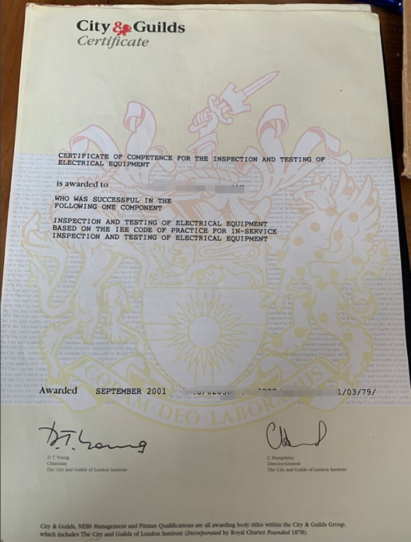 The old version sample of the city and guild certificate from 2001