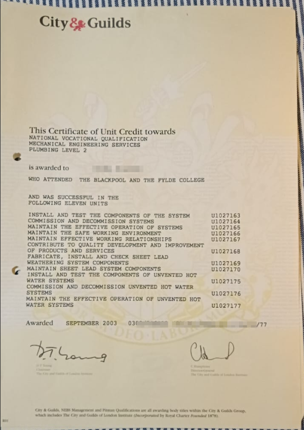 The old version sample of the city and guild certificates from 2003