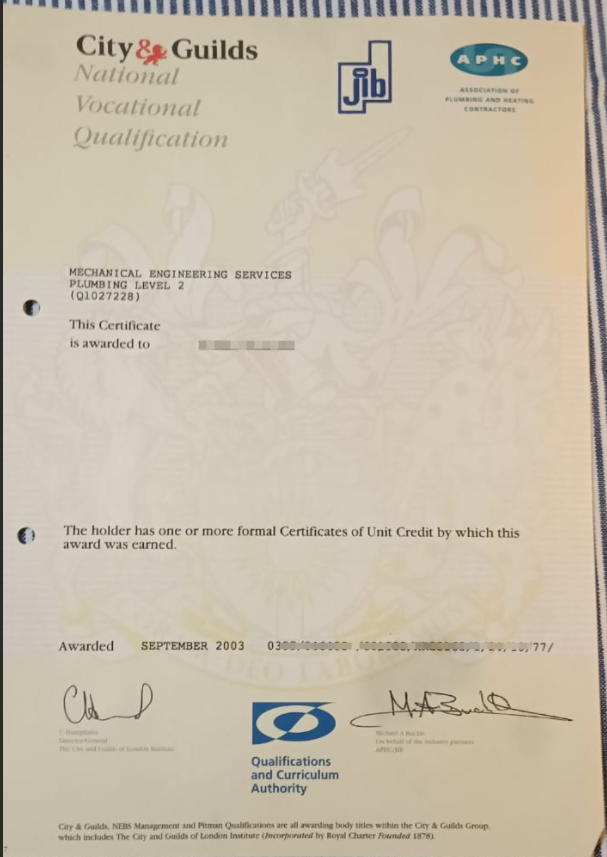 The old version sample of the city and guild certificates from 2003