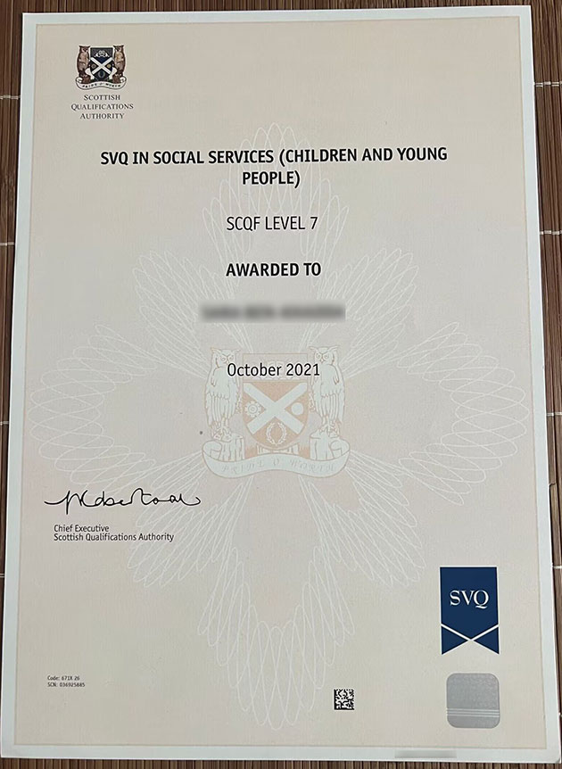 Sample of SQA certificate from 2021