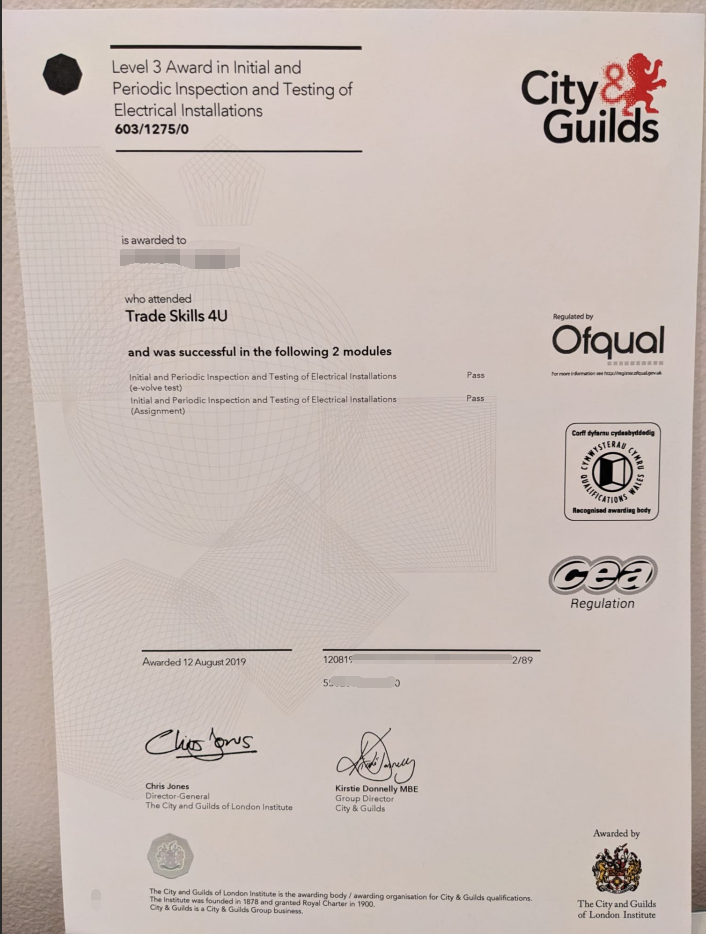 Sample of Level 3 Electrical Installation Inspection Certificate for Cities and Guilds