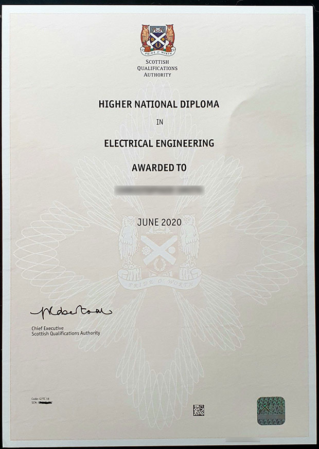 Sample of SQA certificate from 2020