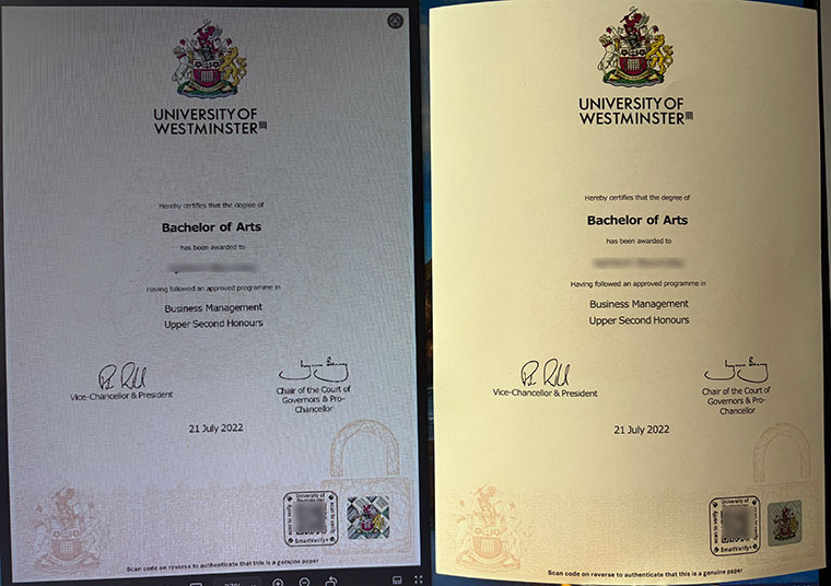 Sample of a degree from the University of Westminster