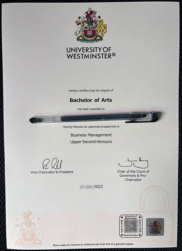Sample of a diploma from the University of Westminster