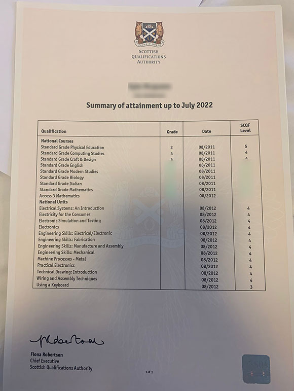 Sample of SQA test score report from 2022