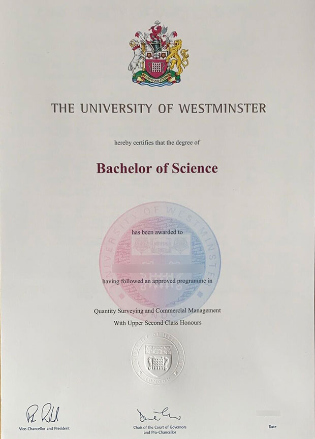 Samples of a certificate from the University of Westminster