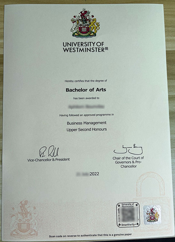 Samples of a degree from the University of Westminster