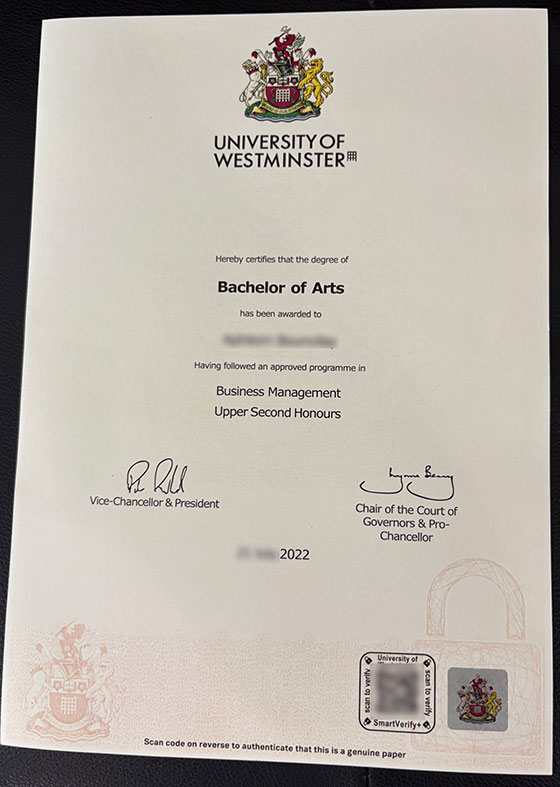 Samples of a diploma from the University of Westminster