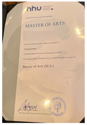Latest sample display of the diploma certificate from Heinrich Heine University in Düsseldorf